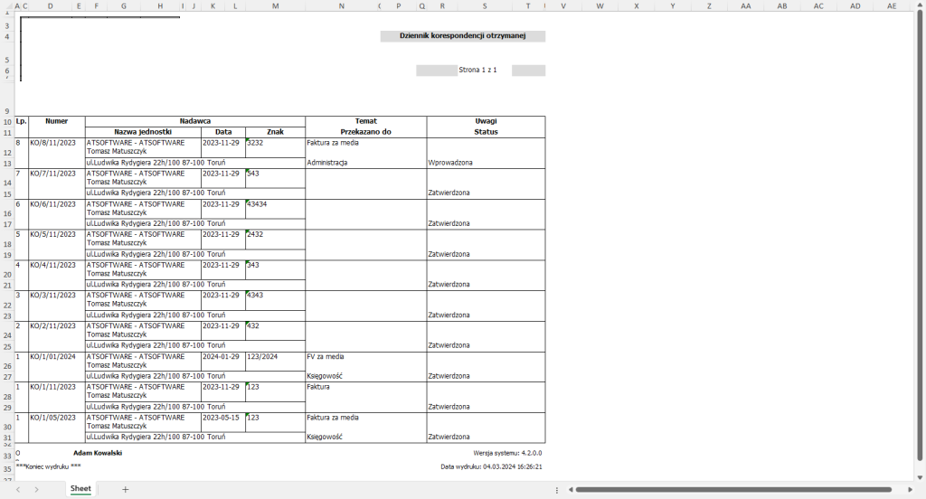 dziennik korespondencji excel