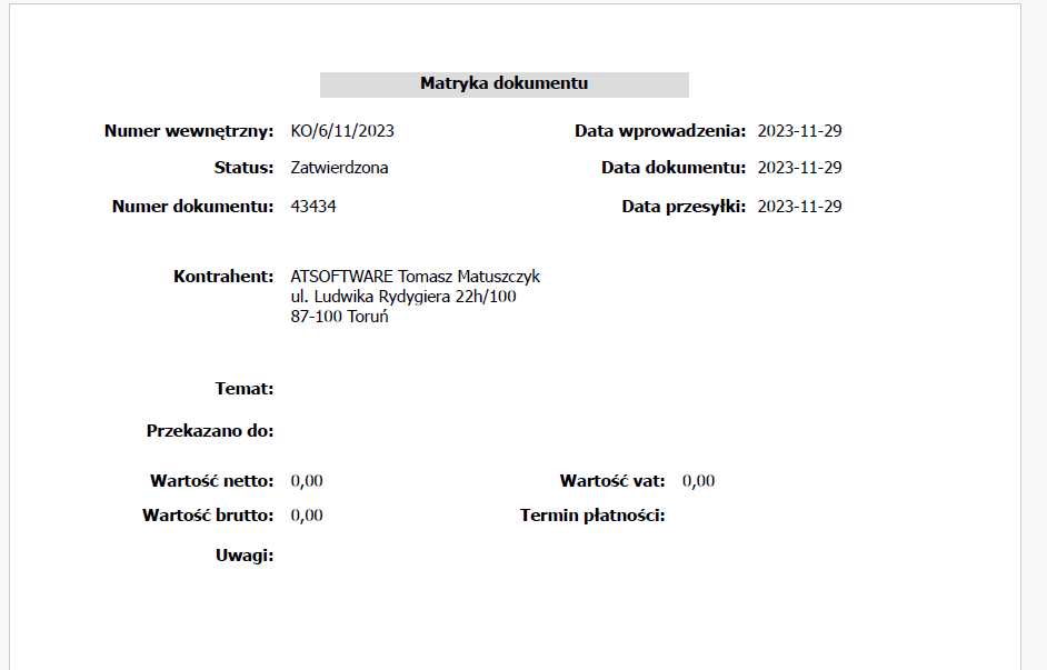 metryka dokumentu zrzut z dziennik korespondencji